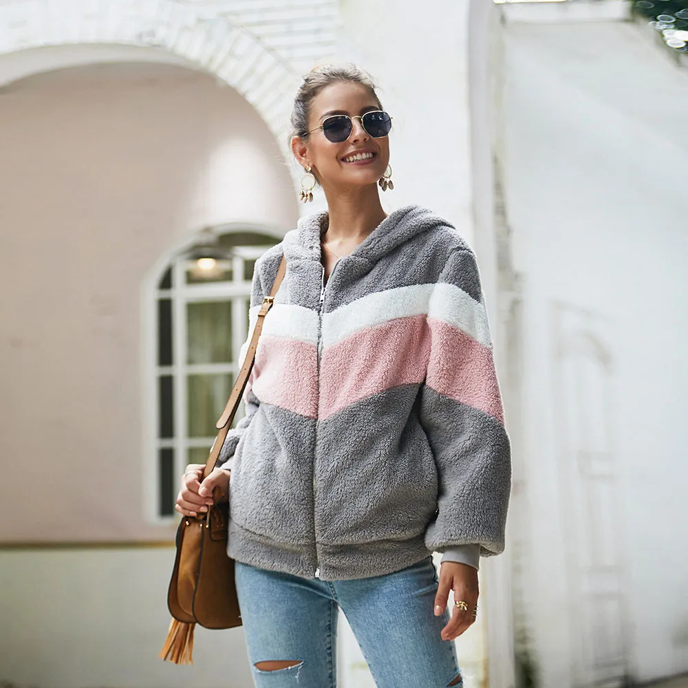Gray patchwork Шерпа флисовый свитер женский кардиган на молнии с капюшоном полосатый лоскутный кардиган женский зимний плюшевый флисовые свитера - Цвет: Gray patchwork
