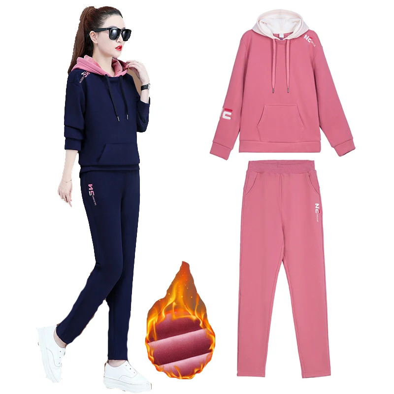 

2pcs/sets Sweater Winter Sportswear Warm Thick Women Fleece Hooded Jacket Top Pants Fashion Coats Casual Outfit Suits for Female