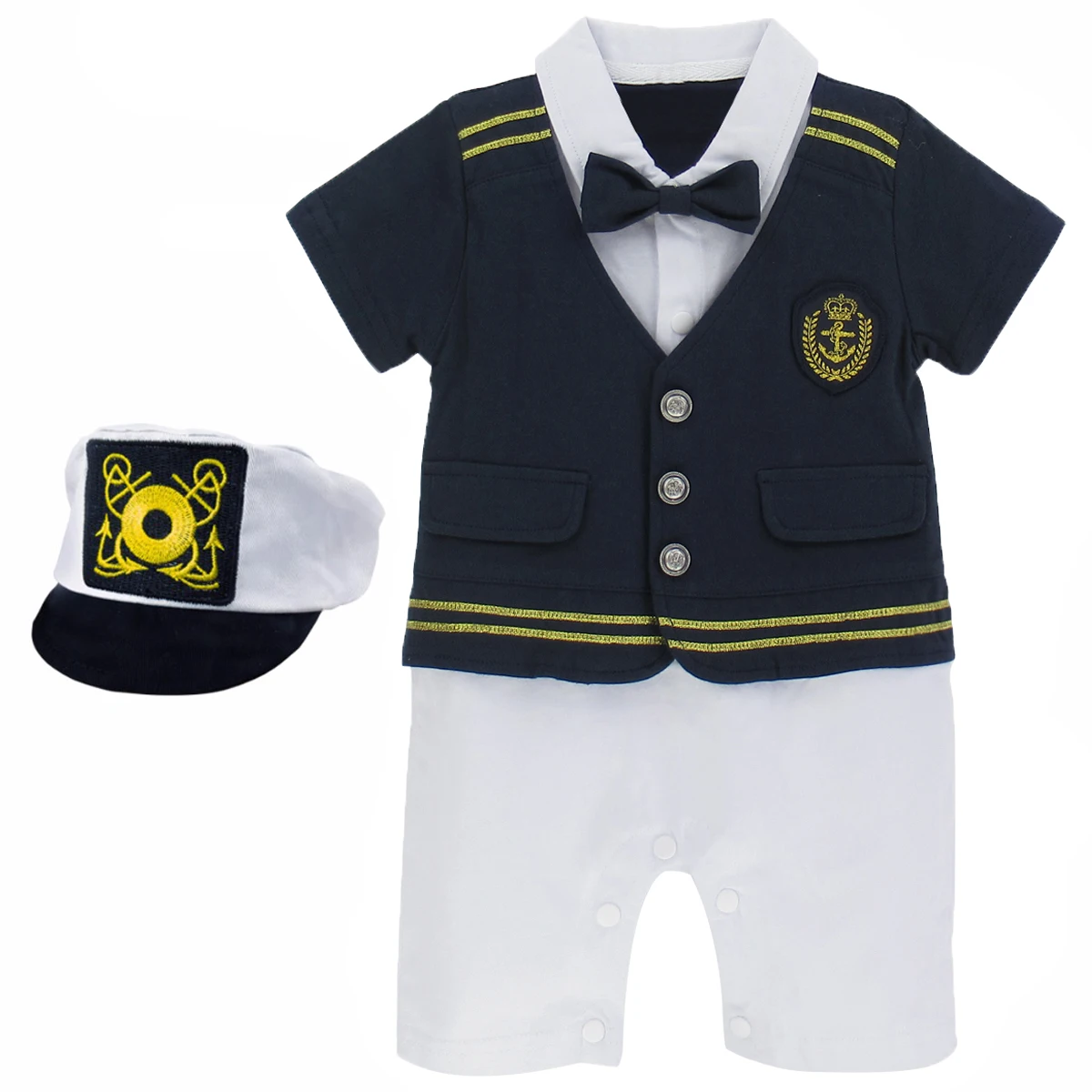 Комплект из 2 предметов для маленьких мальчиков, костюм полиции, комбинезон, детский комплект, милые наряды, одежда для малышей с шапкой, комплект для детей от 0 до 18 месяцев - Цвет: Black Captain-Hat