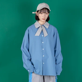 

Spring Summer Women Long Sleeve Lapel Bow Casual Shirt Female Men Streetwear Hip Hop Dress Shirt Tops Plus Size Couple Clothes