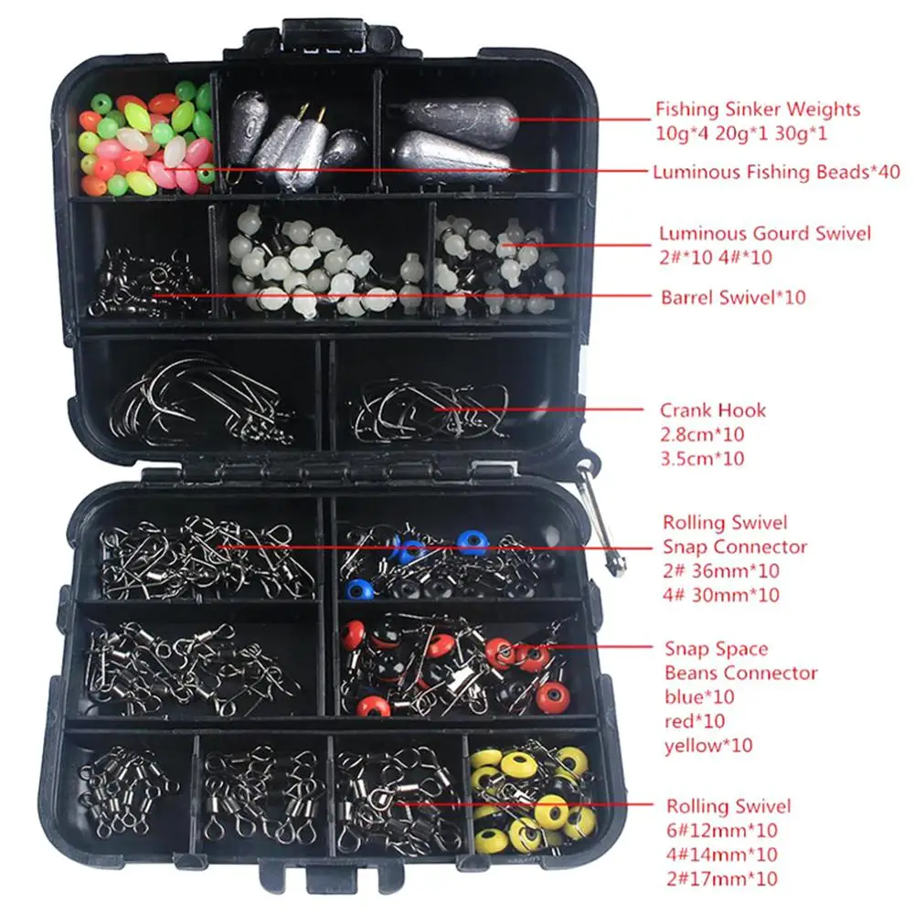 

177pcs/box Fishing Accessories Kit Including Jig Hooks Sinker Weights Swivels Snaps with Tackle Boxes