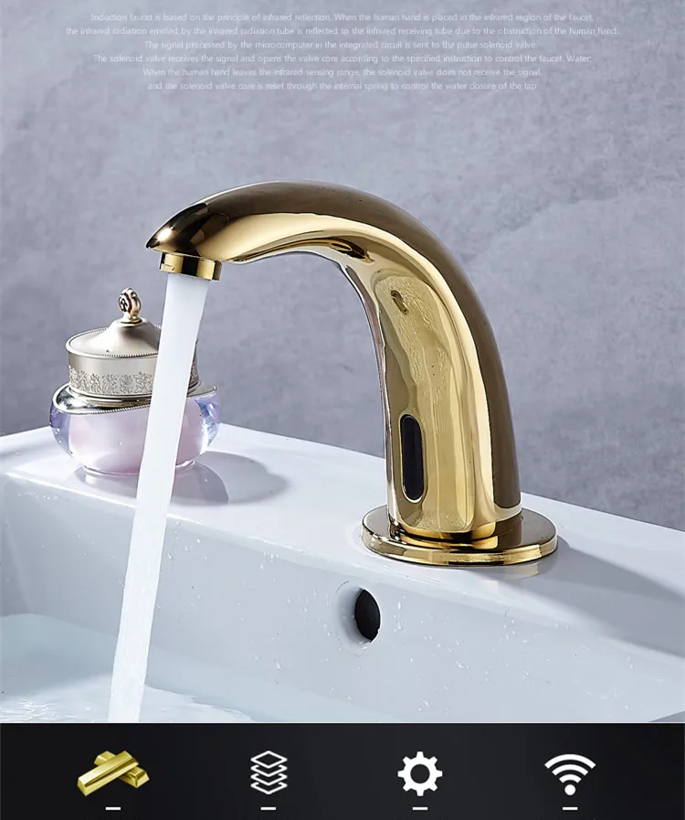 Gold Vanity Basin Sink Automatic Touchless Sensor Taps Mixer Deck Mounted Faucet 