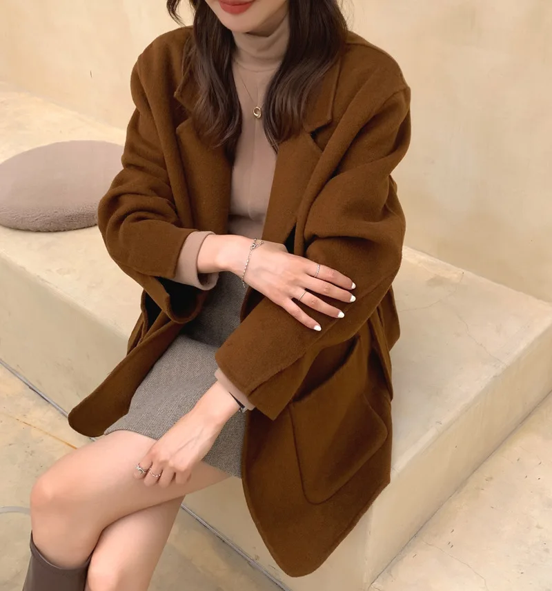 2021 Autumn Winter New Double-sided Cashmere Coat Female Korean Style Lace Short Woolen Coat black puffer coat with hood