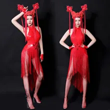 Dj Red Mirror Кожа Китайский Стиль Без Рукавов Взрослый Сценический Костюм Комбинезон Сценический Наряд Певица Sexy Performance Танцевальная Одежда