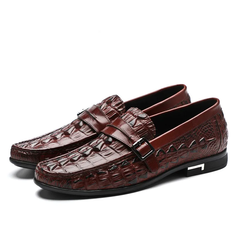 

New Casual Leather Shoes Round Toe Men's Slip-on Loafers With Buckles Crocodile Grain Mens Dress Shoes