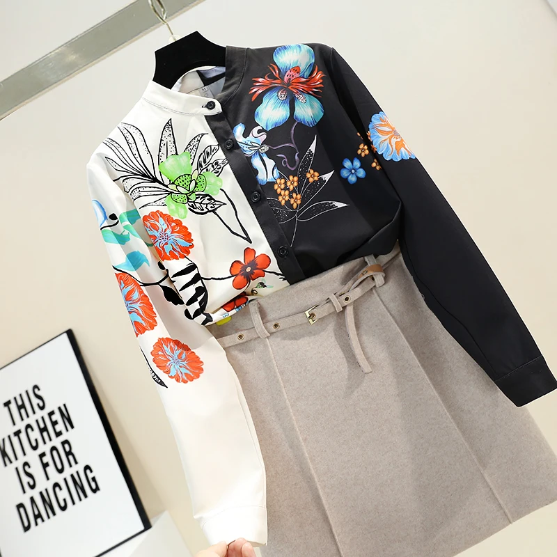 Spring 2020 New Retro Print Blouse Woman Slim-Fit Color Block Printed Stand-Collar Shirt Blouses Long-Sleeve Shirt Tops Female - 4.00068E+12