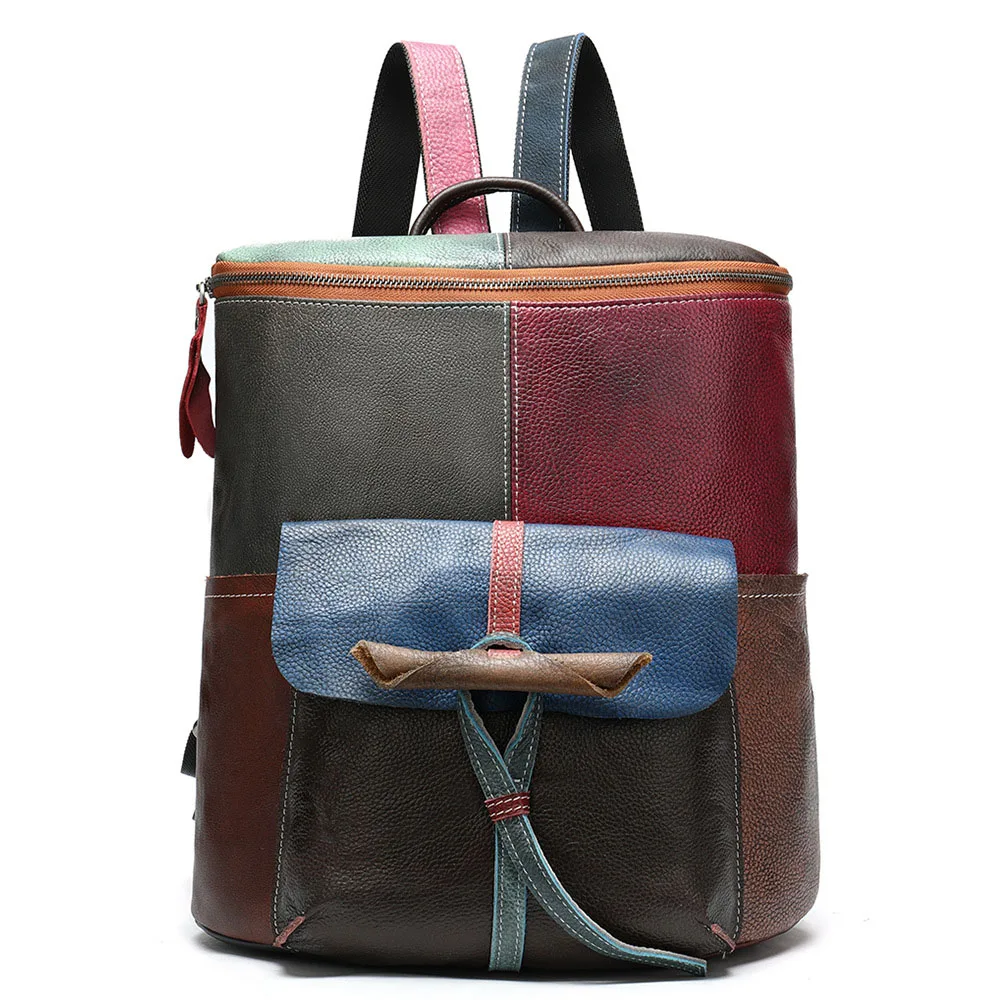 

Women Backpack Genuine Leather Patchwork Backpacks European and American Style Cow Leather Colorful Bag for Women Mochila 2019