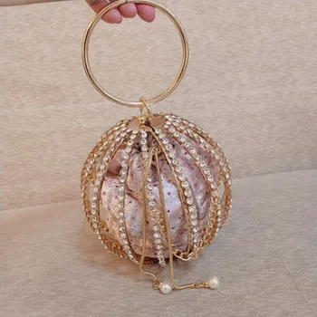 

Ladies Quality Handbag Metal Ball Ladies Shoulder Bag Casual Fashion Golden Cage Women Round Clutch New Cute Mini Shiny Wallet