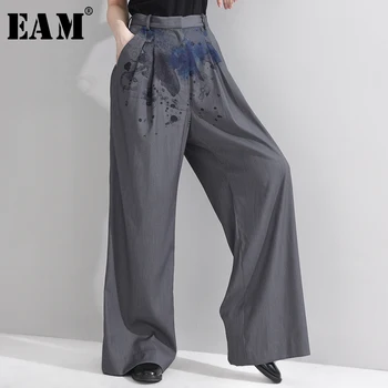 

[EAM] High Waist Gray Pattern Printed Long Wide Leg Trousers New Loose Fit Pants Women Fashion Tide Spring Autumn2020 1N31702