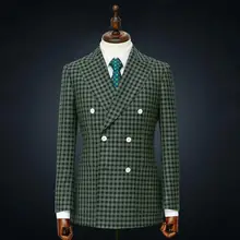 Мужской костюм на заказ, шерсть, супер 140 s, деловые костюмы, двойная грудь, пуговицы, на заказ, Tail, повседневный костюм, зеленые клетчатые костюмы для мужчин