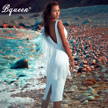 

Bqueen Women Bandage Dress Elegant Tassel Sexy V Neck Club Party Knee Length White Dress Summer 2020 New Fashion Vestidos
