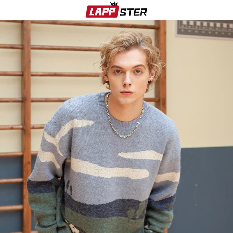 LAPPSTER Men Cows Harajuku Knitted Sweater 2023 Winter Mens Winter Kawaii Vintage Sweater Korean Fashion Designer Pullovers