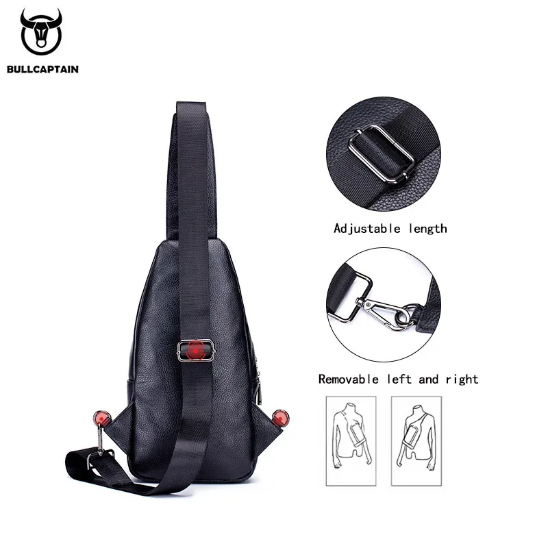 BULLCAPTAIN Men's Leather Chest Bag Multi-Function Travel Storage Bag Men's Messenger Bag Hardware Zipper Leather Bag