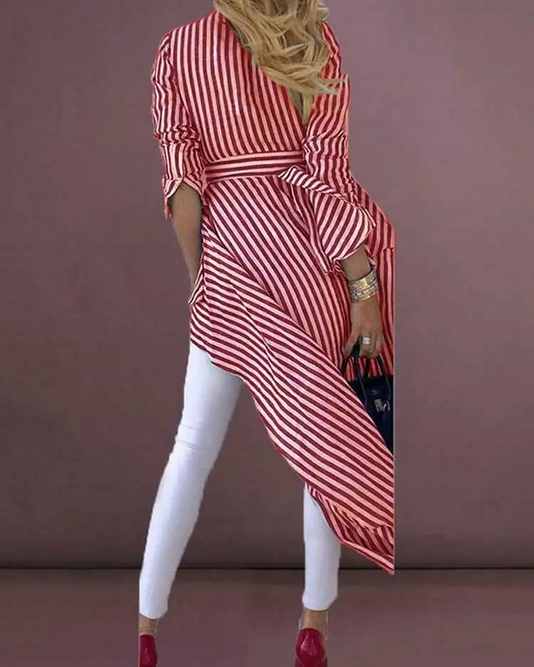 Plus Size 2019 Women Long Sleeve V-neck Autumn Blouse Lady Loose Long Style Design Chic Dovetail Striped Shirt Plus Size 2019 Women Long Sleeve V-neck Autumn Blouse Lady Loose Long Style Design Chic Dovetail Striped Shirt