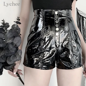 

Lychee Harajuku Sexy Button Zipper PU Women Shorts Summer Spring High Waist Above Knee Lady Shorts Black Silm Ladies Shorts