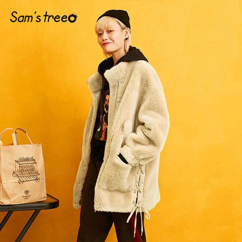 SAM'S TREE розовое однотонное плюшевое зимнее шерстяное пальто для женщин зимняя флисовая Свободная Повседневная Офисная Женская Верхняя одежда со шнуровкой по бокам