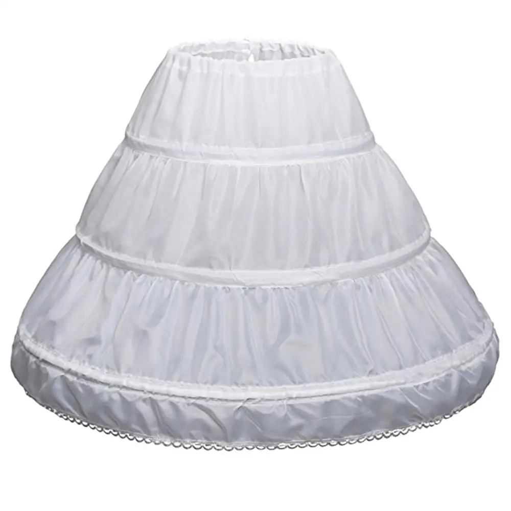 Белая детская юбка трапециевидной формы с 3 кольцами, однослойное детское кринолиновое кружевное платье с цветочной отделкой для девочек, Нижняя юбка, эластичная резинка на талии, на завязках