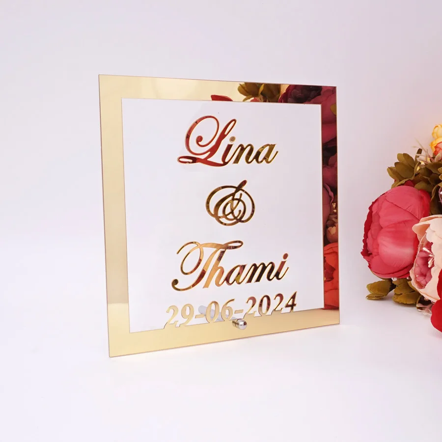 Custom Wedding Couple Name Date Acrylic Mirror Frame Welcome Guests Word Sign Anniversary Party Decor Favor Plate with Nail