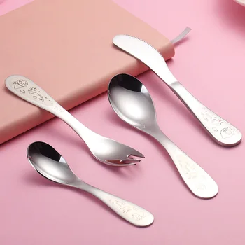 

Stainless steel baby eating spoon complementary food spoon cute knife and fork spoon fork small spoon children's tableware set