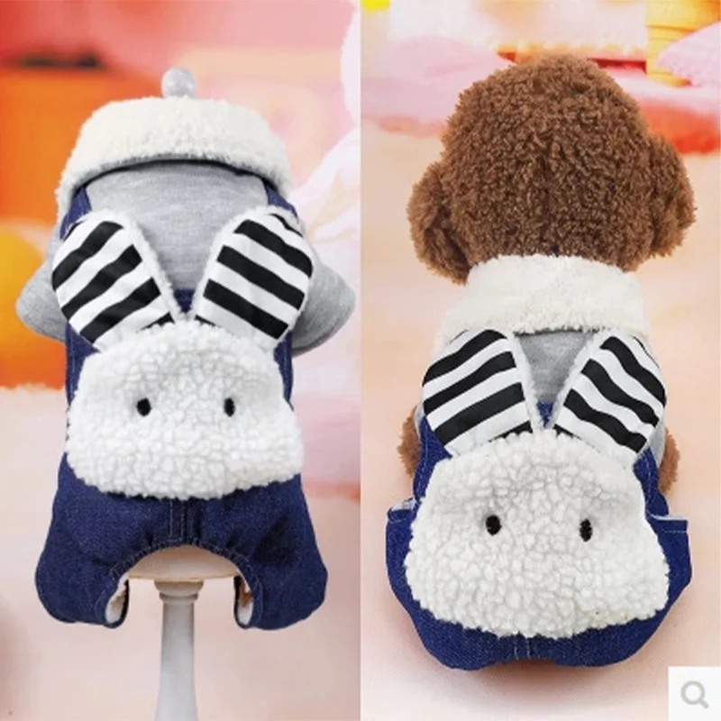 Pet Four-legged Rabbit Denim Bib Plus Velvet Thickening Dog Cotton Clothes