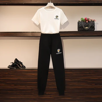

Fashion Daisy Embroidery Two Piece Set Plus Size Knit Sport Tracksuit Women Short Sleeve T-Shirts Top&Drawstring Long Pants Suit