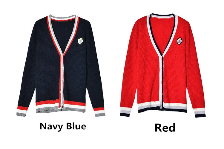 fall Women Autumn Preppy Style Casual Loose Contrast Striped cardigan Wool Knitted Red Sweater jersey mujer sueter damski