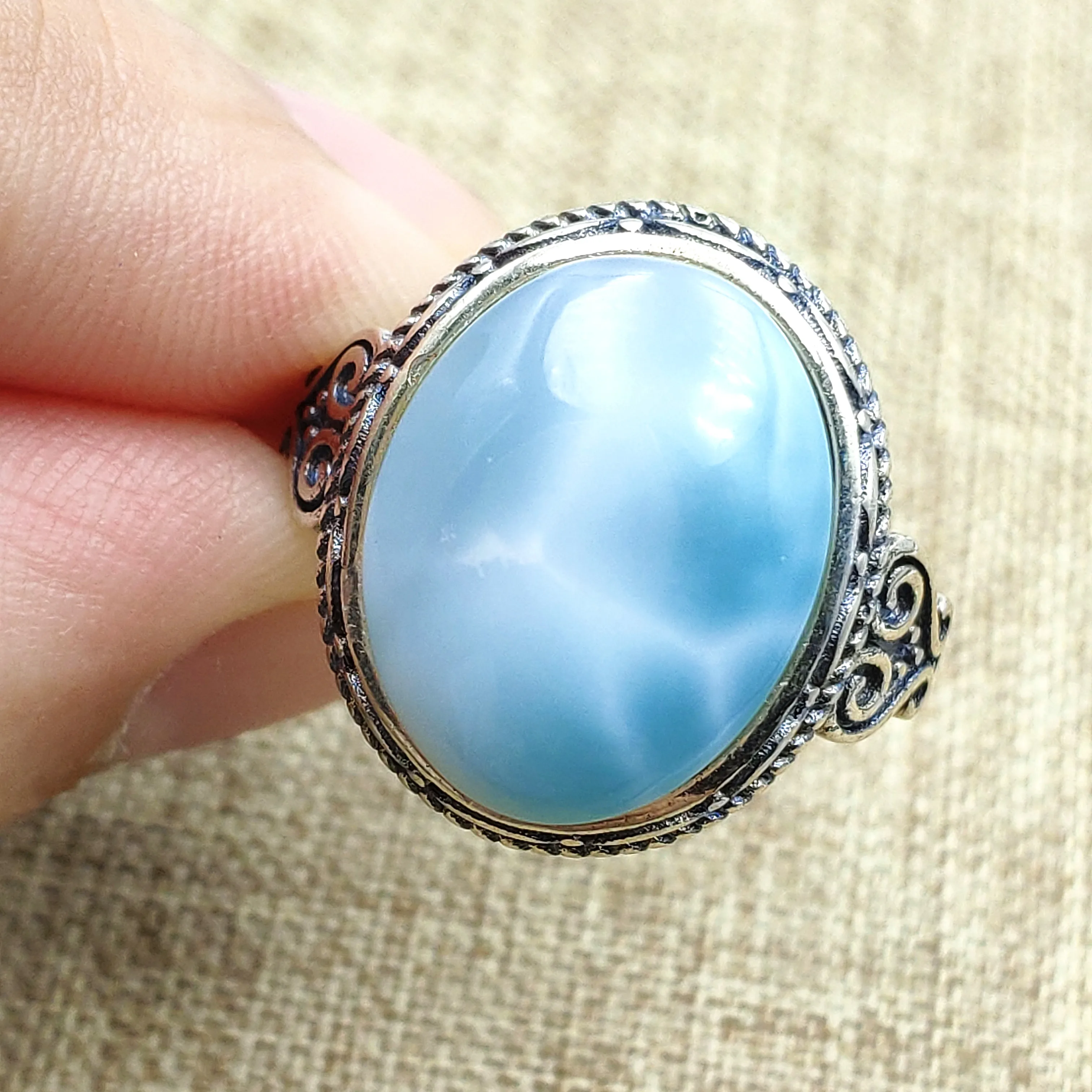 Top Natural Blue Larimar Adjustable Size Ring Jewelry 925 Solid Silver Woman Love Gift 15x12mm Crystal Ring AAAAA