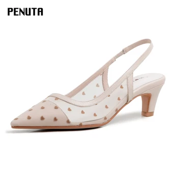 

2020 PENUTA Summer Pumps Slingback High Heels Pointed Toe Women Polka Dot Air Mesh Shoes Korean Style Female Sandals New G0022