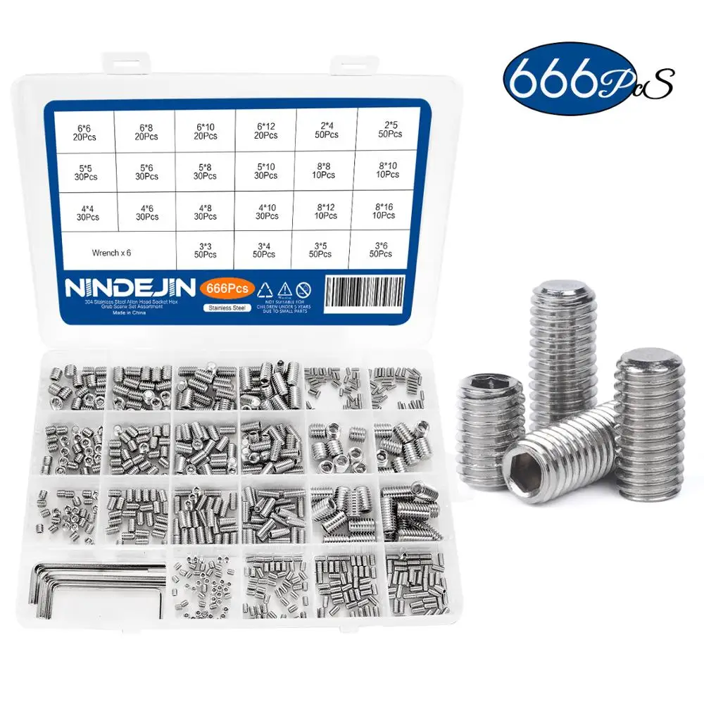 Koop Nindejin 666 Pcs Set Schroef Hex Hexagon Socket Head Rvs Headless Set Screw Assortiment Kit M2 M3 M4 M5 m6 M8 Grub Schroef