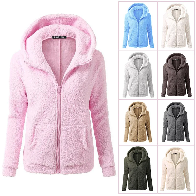 BKMGC, элегантное плюшевое пальто для женщин, Осень-зима, теплое, мягкое, с капюшоном, на молнии, Женская куртка, с карманами, Повседневная