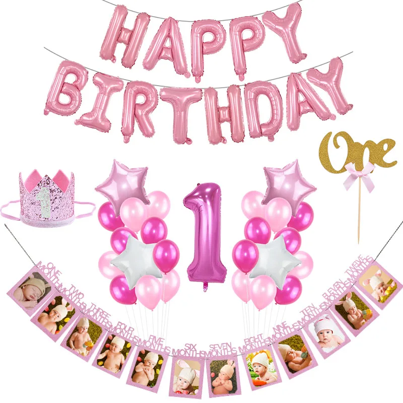 Baby Shower Baby First Birthday Decoration Boy Girl Number One Balloon Banner My First 1 One Year 1st Party Decoration Supplies