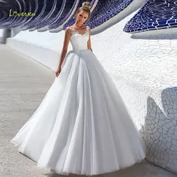 Loverxu Изящные с лямкой на шее ТРАПЕЦИЕВИДНОЕ свадебное платье 2019 шик аппликация Кепки рукав вырез «капля» открытая спина Свадебное платье