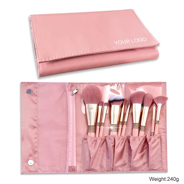 Custom Logo Luxury Bling Pink Private Label Glitter Vegan Makeup Brushes  Set Holder with Cleaner Diamond Custom Logo Package Box