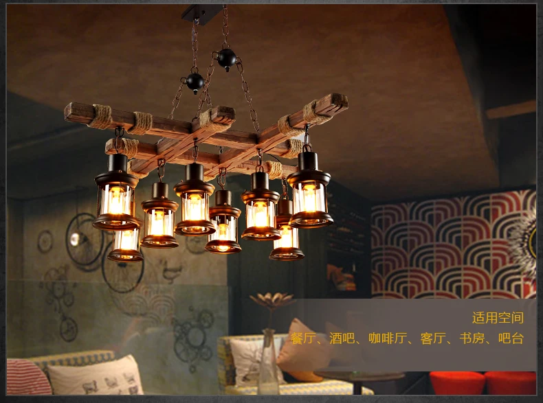 Nordic living room, creative wood chandelier, American retro hotel light