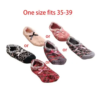 

Womens Winter Warm Short Fuzzy Ankle Slipper Socks Contrast Color Striped Lace Cuffs Sweet Bowknot Coral Velvet Hosiery