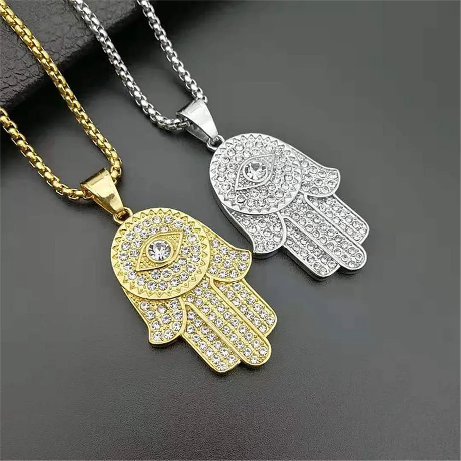 Мужская и Женская Ручная подвеска Hamsa of Fatima Золотая из нержавеющей стали со льдом