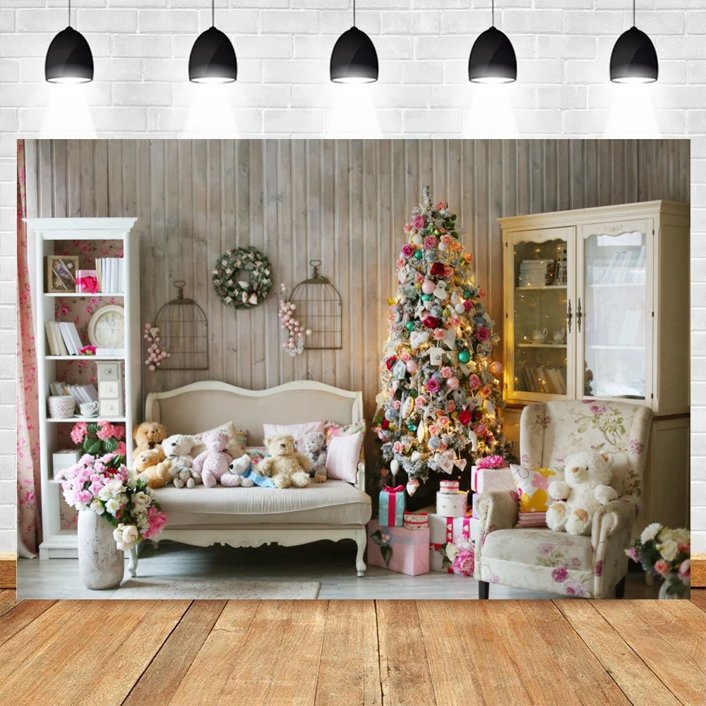 

Merry Christmas Wall Wood Floor Gift Backdrop Photography Flower Sofa Party Child Family Background Photocall For Photo Studio