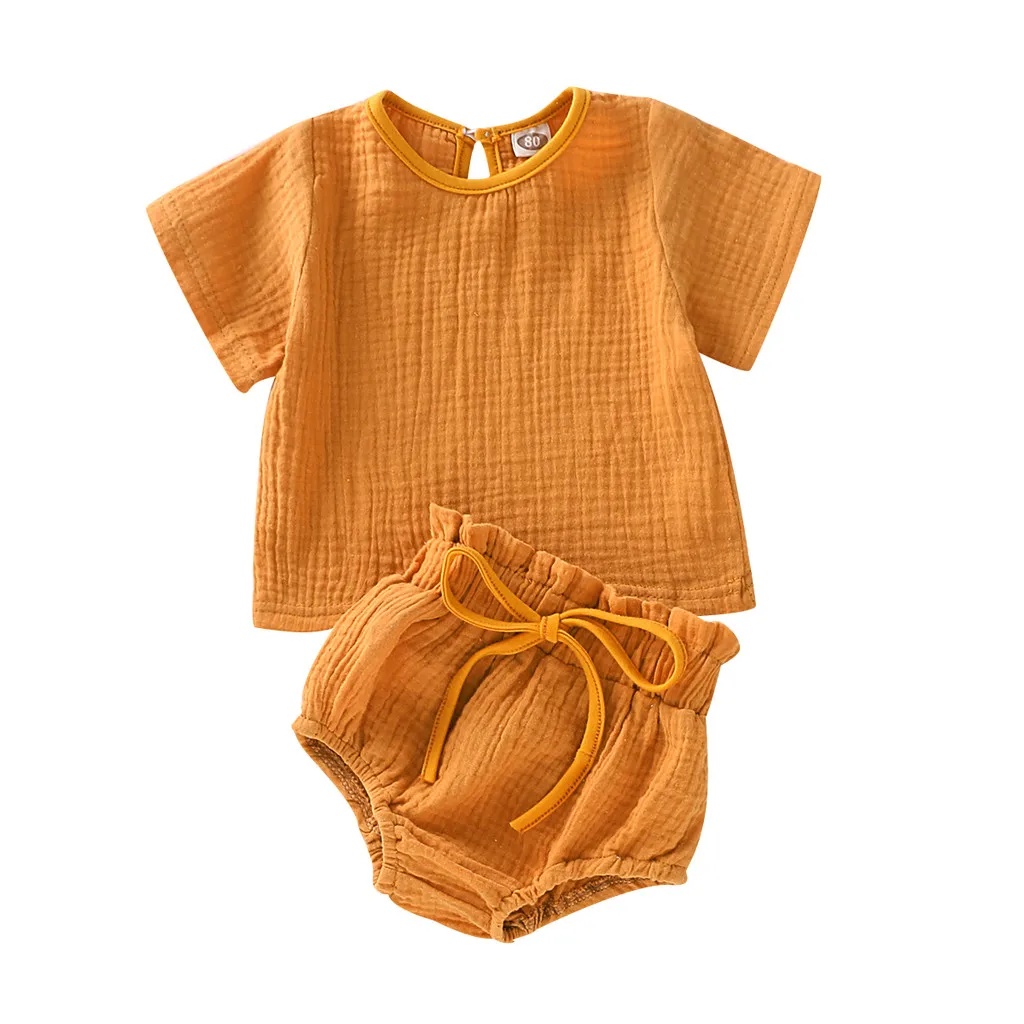 Yellow Комплект одежды для новорожденных девочек; однотонная хлопковая футболка с короткими рукавами; топы и шорты; повседневный костюм; одежда для маленьких мальчиков и девочек - Цвет: Yellow