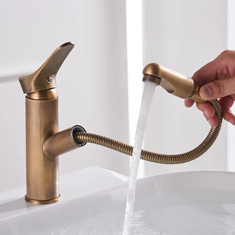 

Basin Faucets Brass Gold Pull Out Bathroom Sink Faucet Swivel Single Handle Spout Deck Mounted Vessel Mixer Water Tap Antique