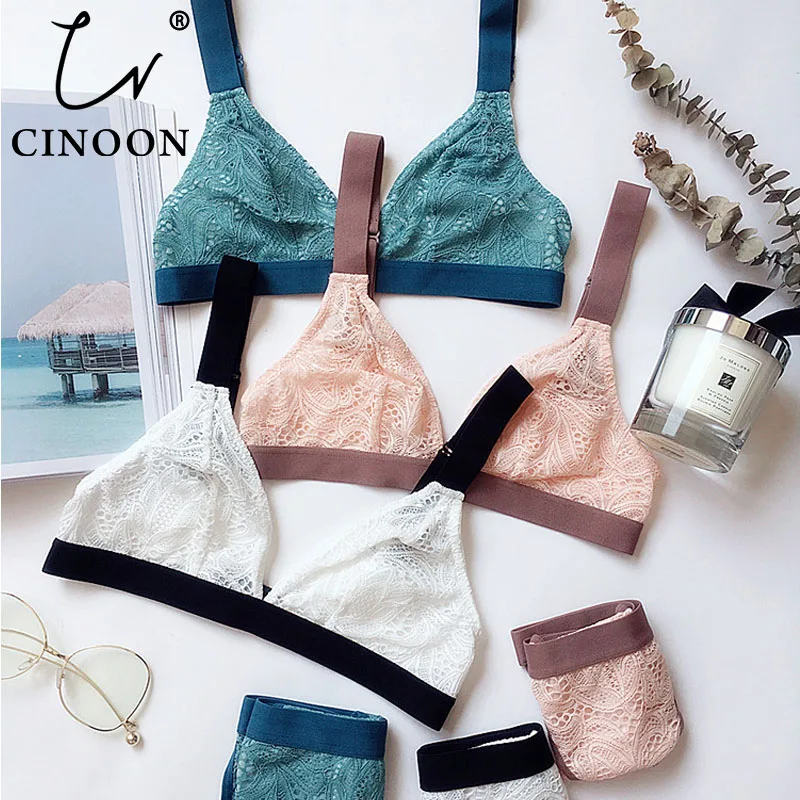 Cheap CINOON French Ultrathin Bra Brief Set Deep V Female Victoria Lingerie Woman Intimates Patchwork Lace Sexy Bras Set Underwear