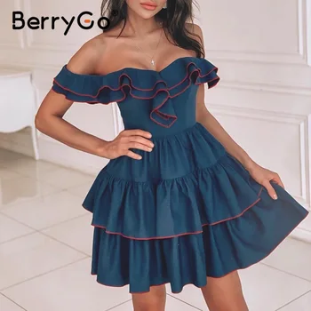 

BerryGo Sexy off shoulder women denim dress Solid ruffle bodycon female A line short sundress Party club ladies mini dress 2020