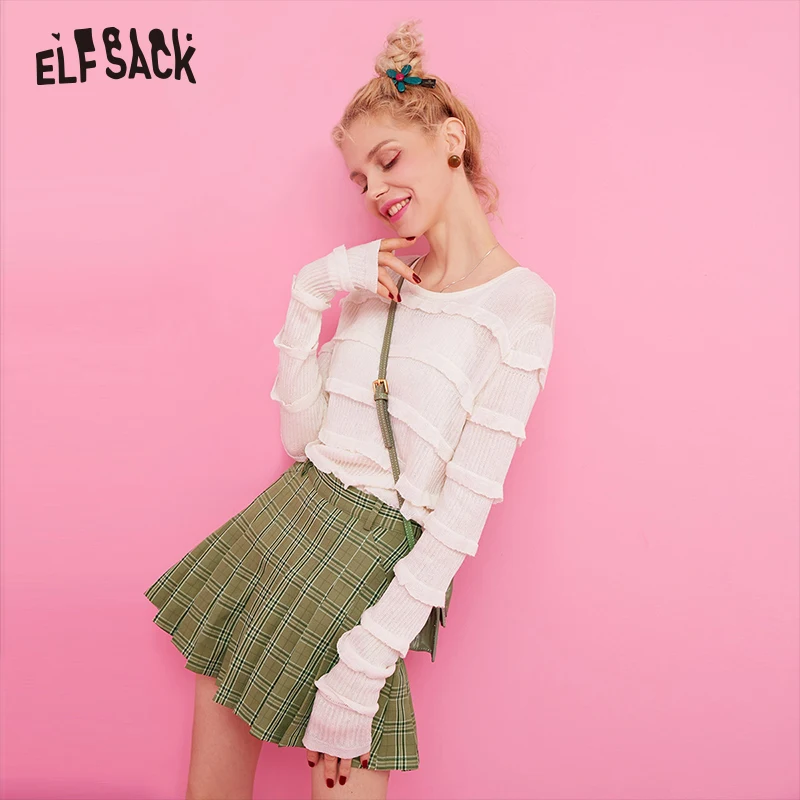 

ELF SACK Sweet Women Sweaters,2019 Autumn New Ruffles O-Neck Casual Knitted Tops Fashion White Basis Office Lady Pullovers