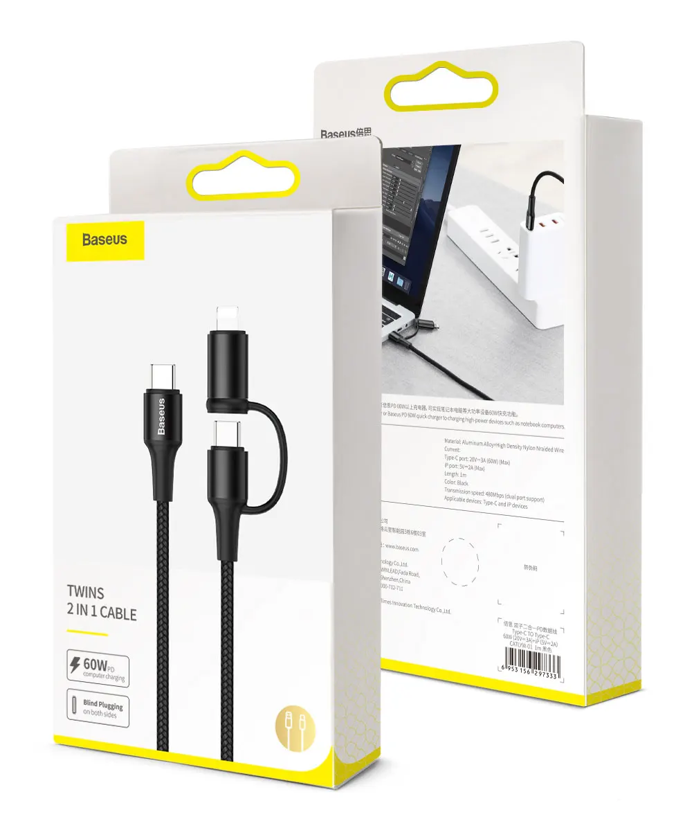 Baseus 2 в 1 для usb c к Lightning зарядный кабель pd для iphone apple macbook быстрое зарядное устройство usb type c к usb type c кабель