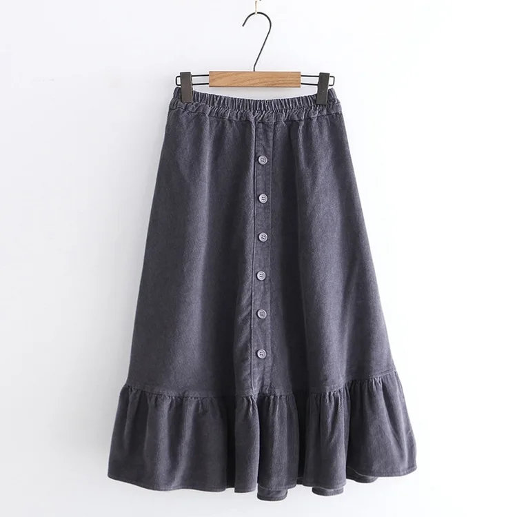 

Autumn And Winter Literature And Art Solid Color Corduroy Skirt Hem Flounced Skirt Corduroy Medium-length Skirt Students S29012
