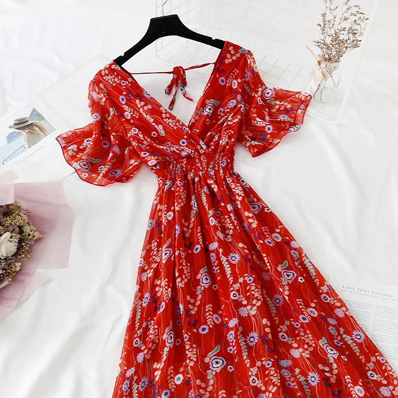 2022 Summer Women Ruffled Short-sleeved Chiffon Dress V-neck High Waist Floral Print Beach Midi Dresses Backless Sexy Vestidos