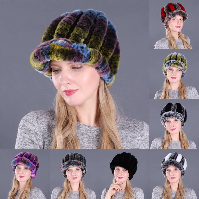 Элегантные женские зимние толстые теплые BeaniesWomens Лоскутные кроличьи меховые шапки, новые плюшевые меховые шапочки из натурального меха для России, шапка s