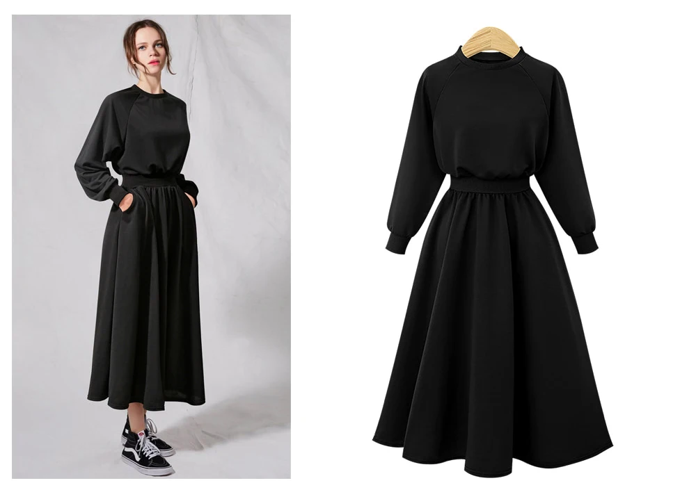 Новое Осеннее женское свободное платье средней длины в европейском стиле размера плюс, зима, женское платье с круглым вырезом, Черное длинное платье с эластичной резинкой на талии