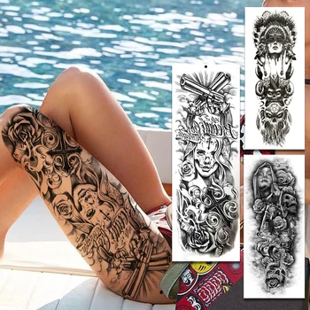 

Tribal Warrior Sexy Nun Girl Temporary Tattoos Full Arm For Women Men Adult Fake Rose Cross Pistol Tattoo Sleeves Thigh Tatoos