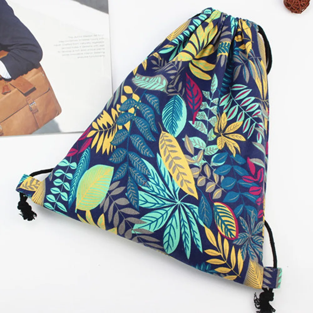Fashion Women Drawstring backpack Storage Bag Leaf Printing High Capacity Bucket sports bag pocket pouch Shoulder Bag Canvas new