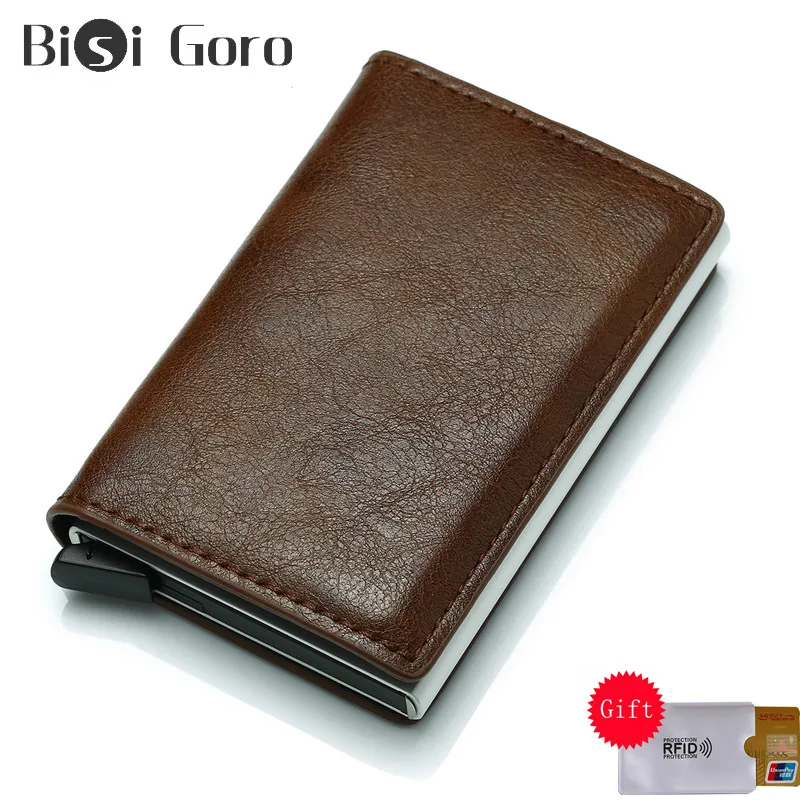 

BISI GORO Unisex Credit Card Holder Casual Mini Wallet RFID Metal Aluminum PU Leather Purse Business Slim Card Case For Travel